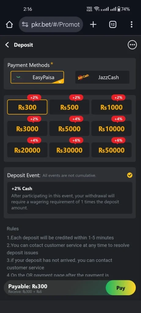 screenshot deposit section PKR BET Game