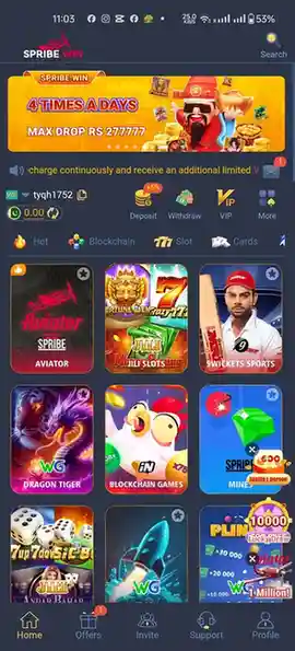 Spribe game mobile dashboard screenshot