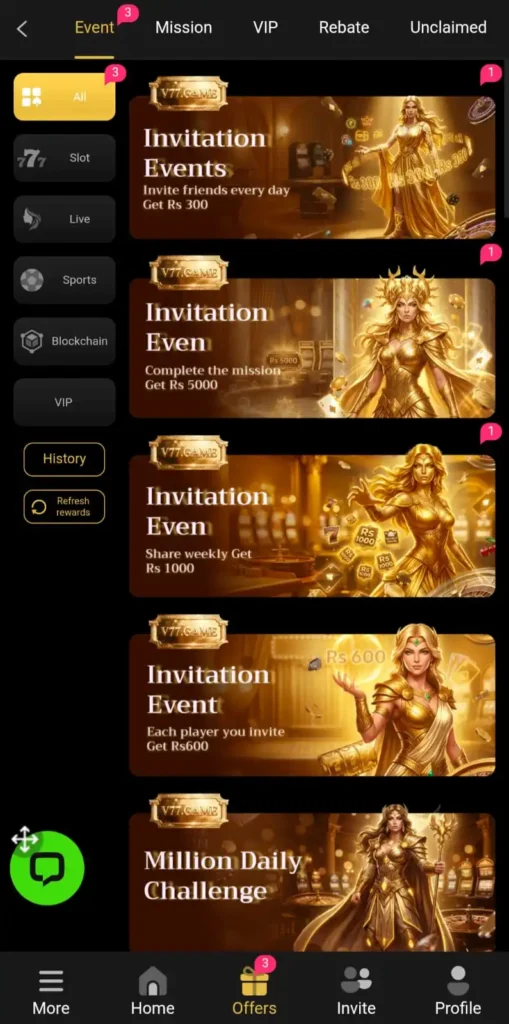 V77 Game App Interface on Android